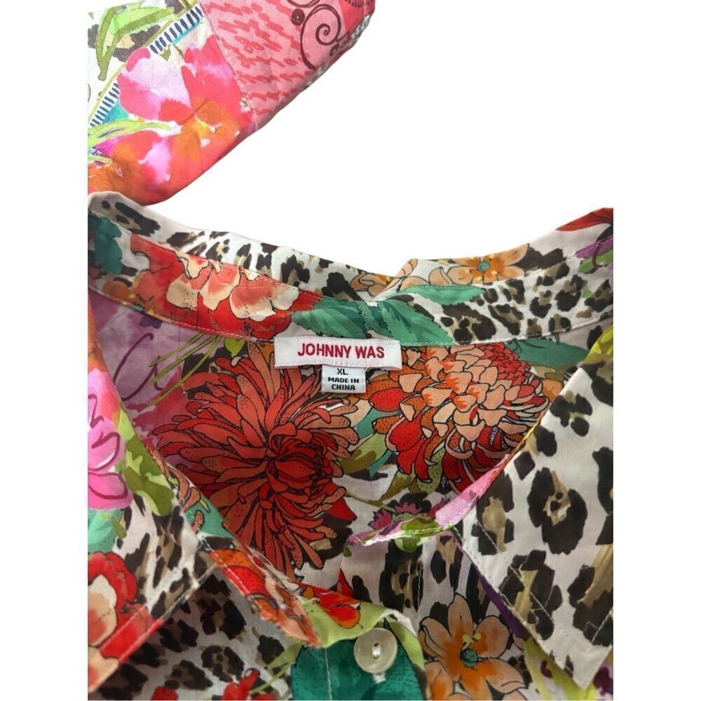 Johnny Was Multi-Color Floral & Leopard Print Button-Down Shirt - Picture 6 of 12